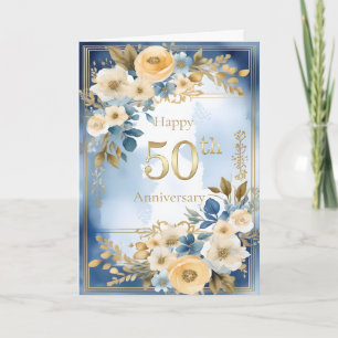 Blauw en wit aquarel 50ste huwelijksjubileum kaart