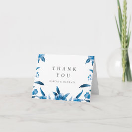 Blauw en wit aquarel bloemachtig trouwfeest bedank bedankkaart