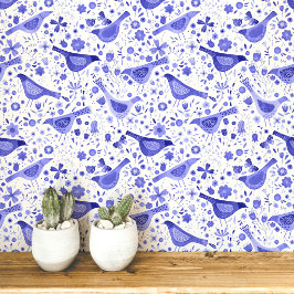 Blauw en wit aquarel vogels en bloemen behang