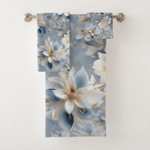 Blauw en wit Arty Gold Edge Bloemen Bad Handdoek