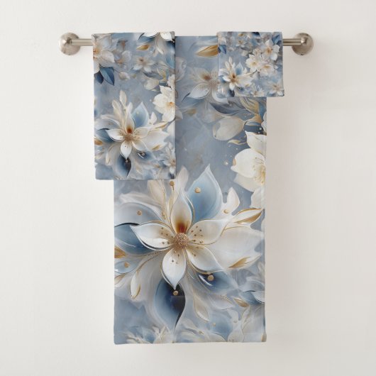 Blauw en wit Arty Gold Edge Bloemen Bad Handdoek (Insitu)