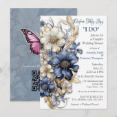 Blauw en wit Arty Gold Edge Bloemen Kaart (Voorkant / Achterkant)