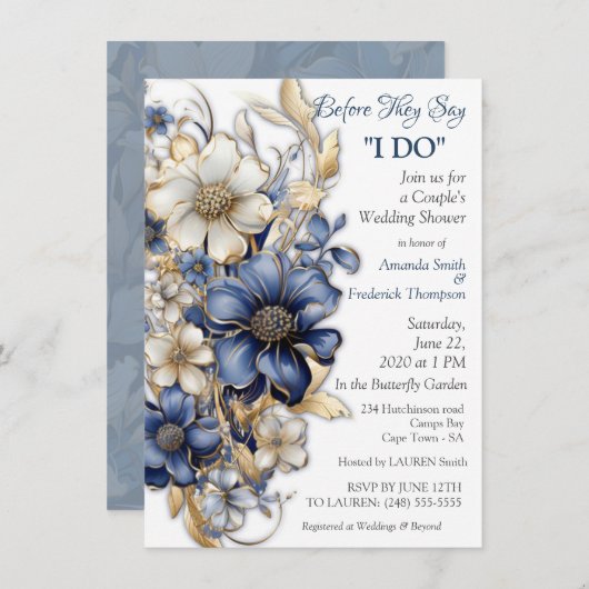 Blauw en wit Arty Gold Edge Bloemen Kaart (Voorkant / Achterkant)