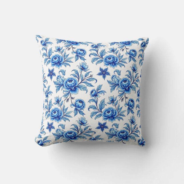 Blauw en wit Aziatisch bloemmotief Kussen (Voorkant)