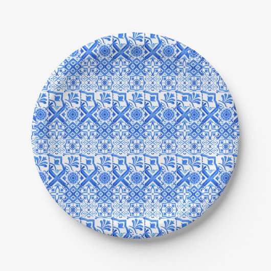 Blauw en wit Azulejo Spaans Azul Pattern Papieren Bordje (Voorkant)