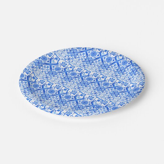 Blauw en wit Azulejo Spaans Azul Pattern Papieren Bordje (Gekanteld)