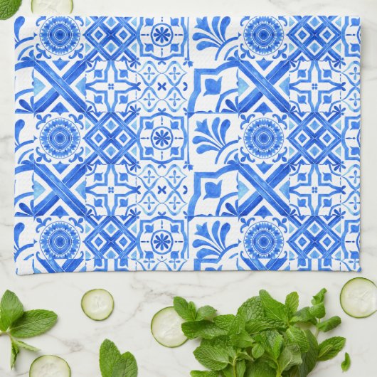 Blauw en wit Azulejo Spaans Azul Pattern Theedoek (Gevouwen)