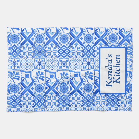 Blauw en wit Azulejo Spaans Azul Pattern Theedoek (Horizontaal)