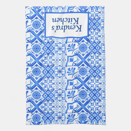 Blauw en wit Azulejo Spaans Azul Pattern Theedoek (Verticaal)