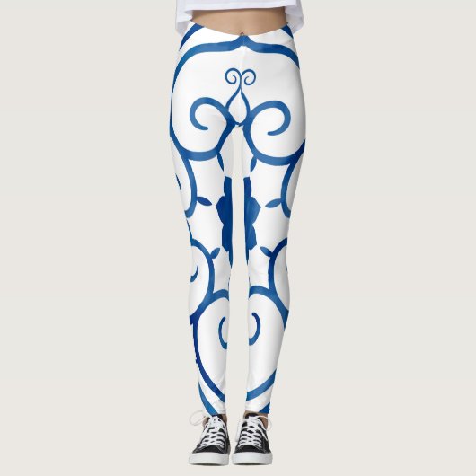 Blauw en wit Azulejos Tegel  Patroon Leggings (Voorkant)