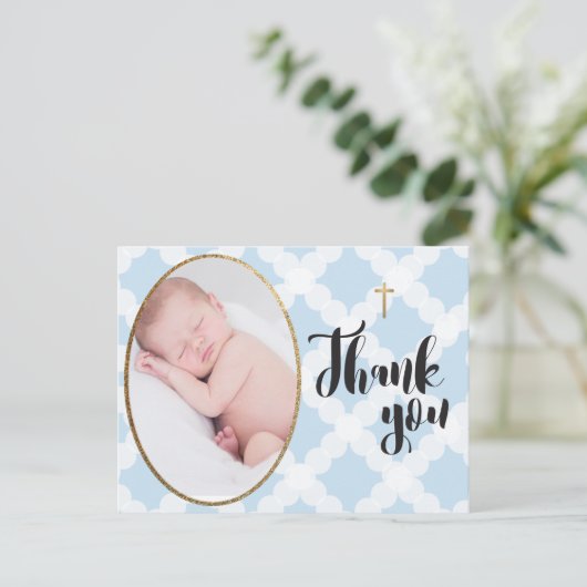 Blauw en wit Baby jongen Doop Dank u Briefkaart (Staand voorkant)