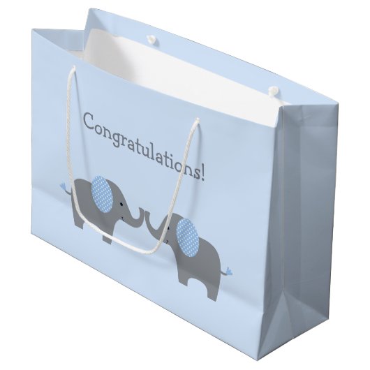 Blauw en wit Baby shower lephant Groot Cadeauzakje (Voorkant Gekanteld)