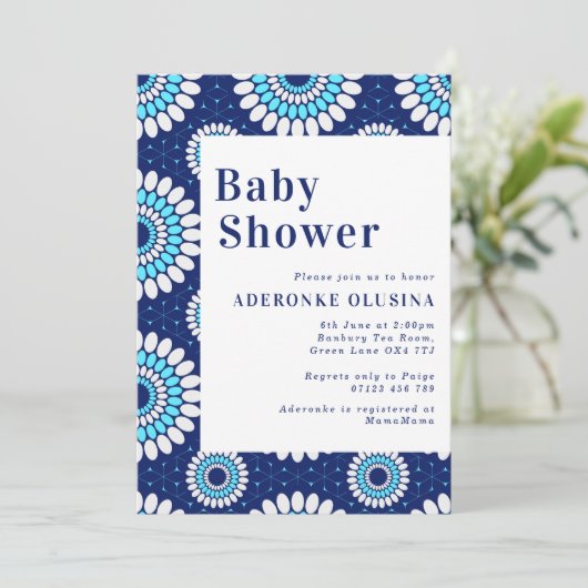Blauw en wit Baby shower voor afdruk in Afrikaanse Kaart (Staand voorkant)