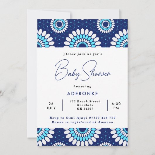Blauw en wit Baby shower voor afdruk in Afrikaanse Kaart (Voorkant)