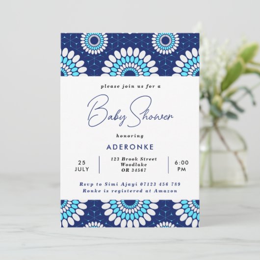 Blauw en wit Baby shower voor afdruk in Afrikaanse Kaart (Staand voorkant)