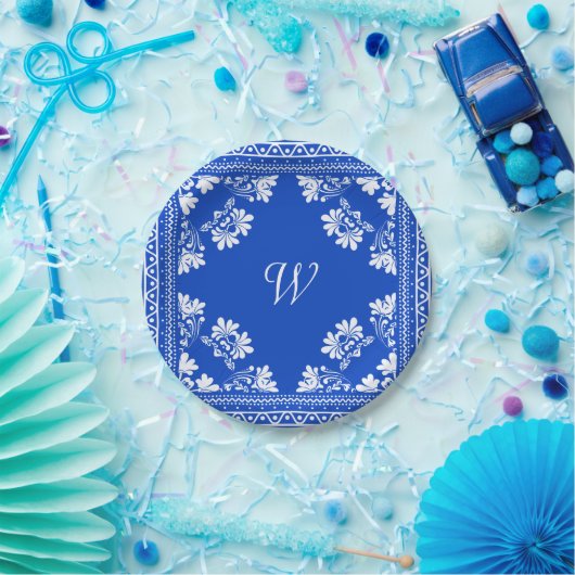 Blauw en Wit Bandana met Monogram Papieren Bordje (Feest)