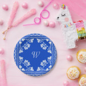 Blauw en Wit Bandana met Monogram Papieren Bordje (Feest)