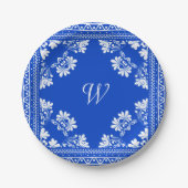 Blauw en Wit Bandana met Monogram Papieren Bordje (Voorkant)