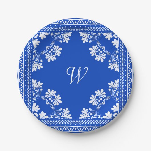 Blauw en Wit Bandana met Monogram Papieren Bordje (Voorkant)