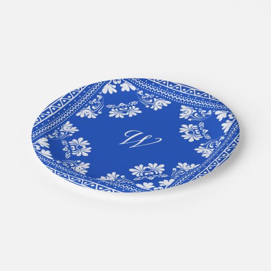 Blauw en Wit Bandana met Monogram Papieren Bordje (Gekanteld)