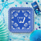 Blauw en Wit Bandana Ontwerp met Monogram Papieren Bordje (Feest)