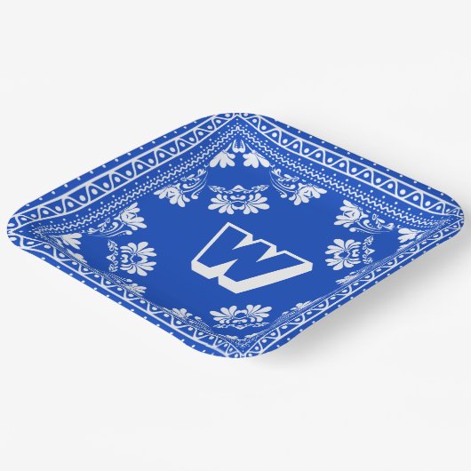 Blauw en Wit Bandana Ontwerp met Monogram Papieren Bordje (Gebogen)
