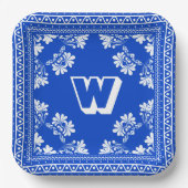 Blauw en Wit Bandana Ontwerp met Monogram Papieren Bordje (Voorkant)