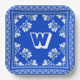 Blauw en Wit Bandana Ontwerp met Monogram Papieren Bordje