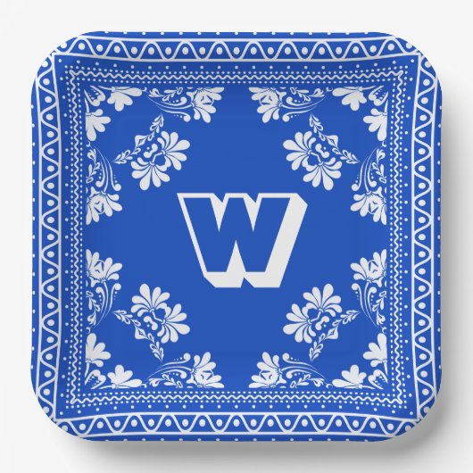 Blauw en Wit Bandana Ontwerp met Monogram Papieren Bordje (Voorkant)