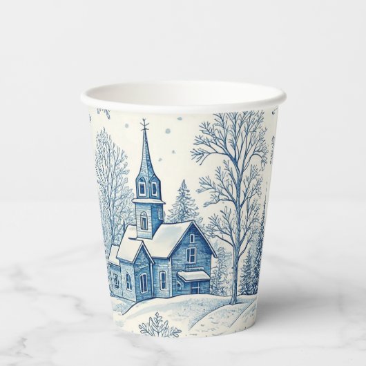 Blauw en wit besneeuwd landschap kerstontwerp papieren bekers (Achterkant)