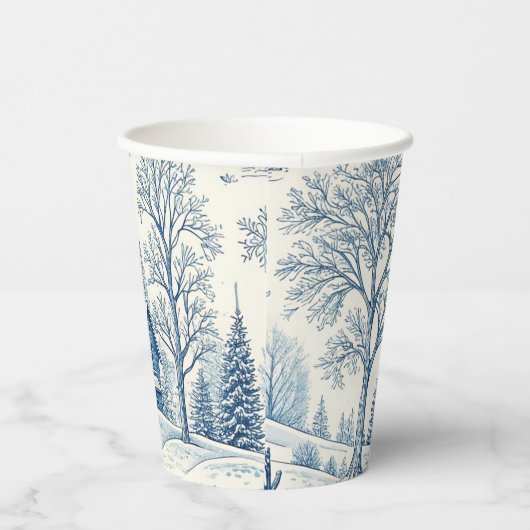 Blauw en wit besneeuwd landschap kerstontwerp papieren bekers (Rechts)