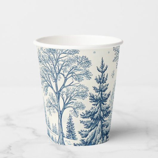 Blauw en wit besneeuwd landschap kerstontwerp papieren bekers (Voorkant)
