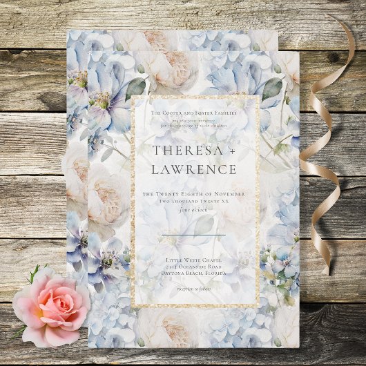 Blauw en wit bijtend Floral Gold Lijst Wit Kaart