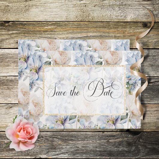 Blauw en wit bijtend Floral Gold Lijst Wit Save The Date