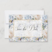 Blauw en wit bijtend Floral Gold Lijst Wit Save The Date (Voorkant)