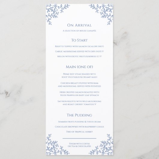Blauw en wit blad tekening monogram bruiloft menu (Achterkant)