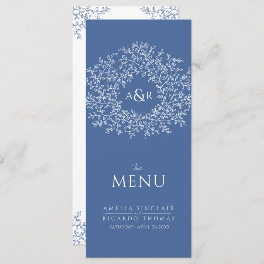 Blauw en wit blad tekening monogram bruiloft menu (Voorkant / Achterkant)