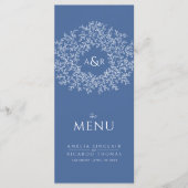 Blauw en wit blad tekening monogram bruiloft menu (Voorkant)