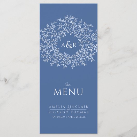 Blauw en wit blad tekening monogram bruiloft menu (Voorkant)