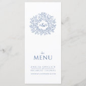 Blauw en wit blad tekening monogram bruiloft menu (Voorkant)