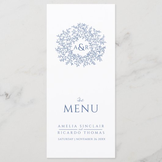 Blauw en wit blad tekening monogram bruiloft menu (Voorkant)