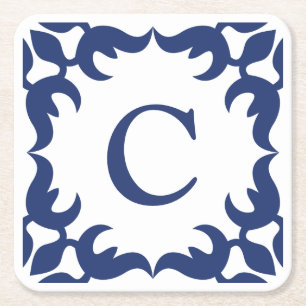 Blauw en wit blauw Lijst monogram Kartonnen Onderzetters