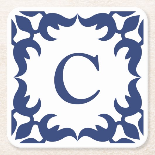 Blauw en wit blauw Lijst monogram Kartonnen Onderzetters (Voorkant)