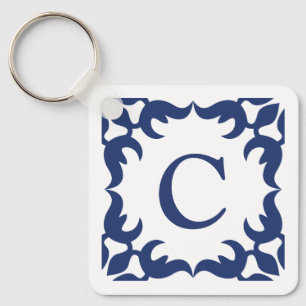 Blauw en wit blauw Lijst monogram Sleutelhanger