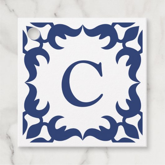 Blauw en wit blauw Lijst Monogram Square Bedankjes Labels (Voorkant)