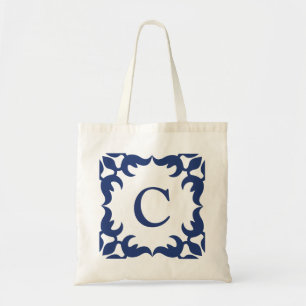 Blauw en wit blauw Lijst monogram Tote Bag