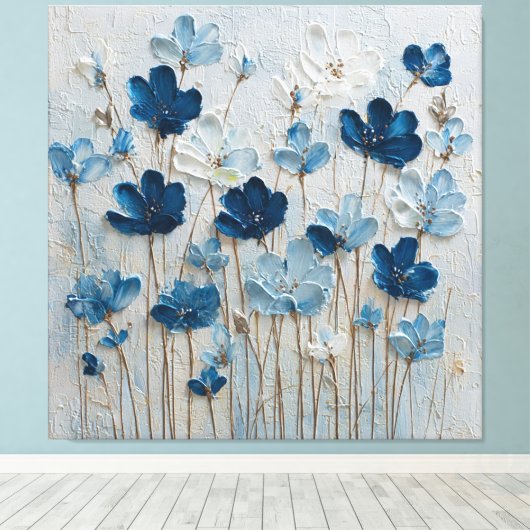 Blauw en Wit Bloei Abstracte Wandkunst Canvas Afdruk (Insitu (Houten vloer))