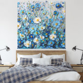 Blauw en Wit Bloeiend Veld Abstracte Wandkunst Canvas Afdruk (Insitu (Slaapkamer))