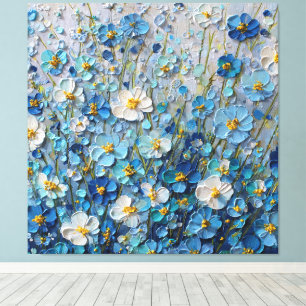 Blauw en Wit Bloeiend Veld Abstracte Wandkunst Canvas Afdruk