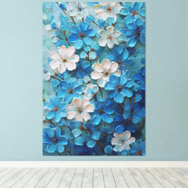 Blauw en wit bloeiende bloem abstracte wandkunst canvas afdruk